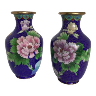 Blue Cloisonné Vases Decorated in Traditional Chinese Wealth Flowers - A Pair For Sale