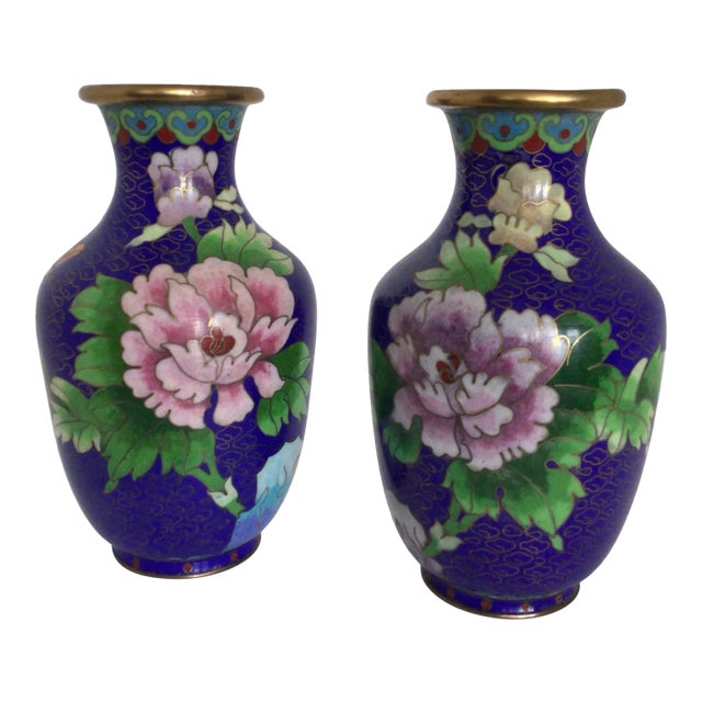 Blue Cloisonné Vases Decorated in Traditional Chinese Wealth Flowers - A Pair For Sale