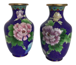 Pair of Vintage Blue Cloisonné Vases Decorated in Traditional Chinese Wealth Flowers