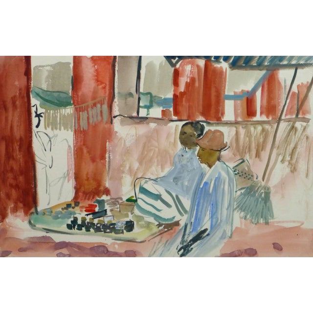 1950s Stephane Magnard, French Watercolor - Island Market For Sale - Image 5 of 5