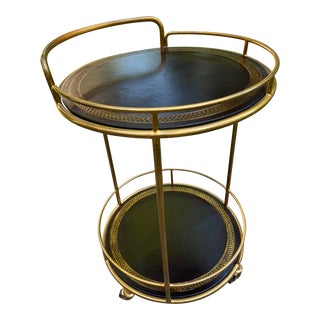 Round Two Tier Bar Cart with Gold Embossed Black Leather and Metal Frame For Sale
