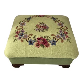 1940s Vintage Green Needlepoint Floral Footstool For Sale