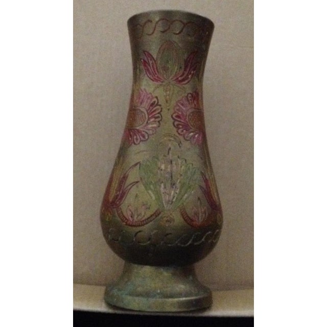 Vintage Etched Floral Painted Flowers Solid Brass Footed Vase For Sale - Image 4 of 6