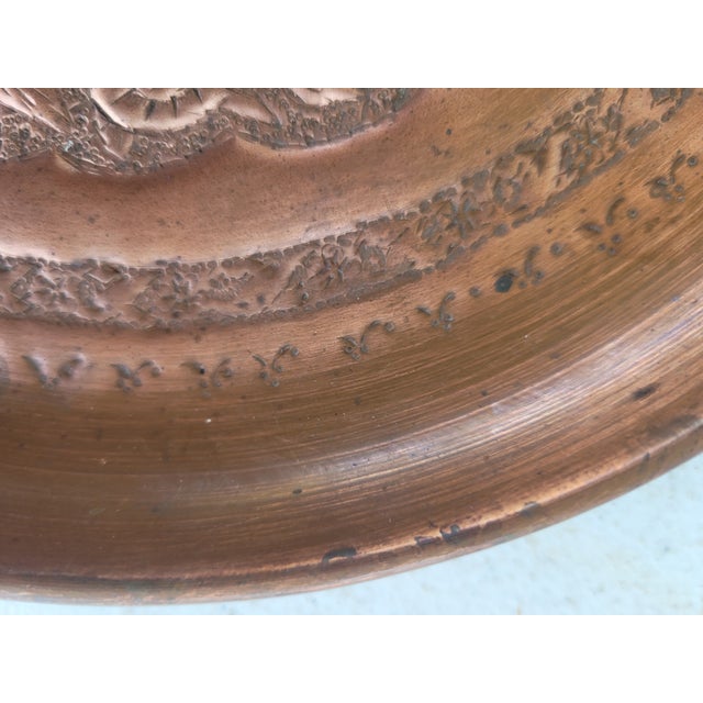 Vintage Persian Hand-Worked Copper Repoussé Wall Charger With Birds & Floral Motif For Sale - Image 4 of 8