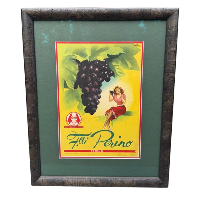 Mid-Century Modern Original 1951 Italian Advertisement / Poster for Table Grapes by "Fratelli Perino," Torino, Framed in Museum Glass For Sale - Image 3 of 9