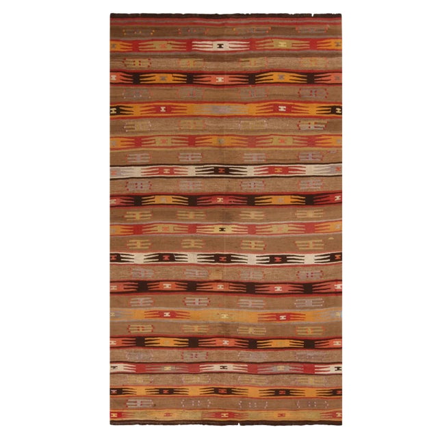 Vintage Mid-Century Geometric Beige-Brown and Yellow Wool Kilim Rug With Multicolor Accents For Sale