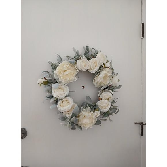 English White Roses & Sage Door Wreath 17" Flower Elegant Summer Spring Gorgeous For Sale - Image 11 of 17