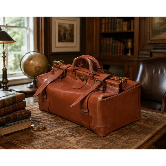 Vintage Swaine & Adeney English Cognac Leather Gladstone Travel Bag – Royal Warrant, Keys & Brass Hardware Dimensions:...