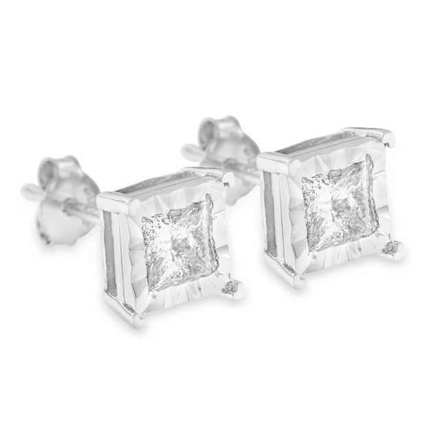 Haus of Brilliance .925 Sterling Silver 1 1/4 Cttw Miracle Set Princess-cut Diamond Solitaire Stud Earrings For Sale - Image 4 of 6