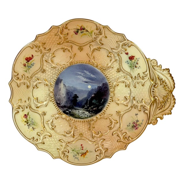 Royal Worcester “Empress” Shell-Form Porcelain Dish with Moonlit River Gorge, 1897, Unsigned For Sale