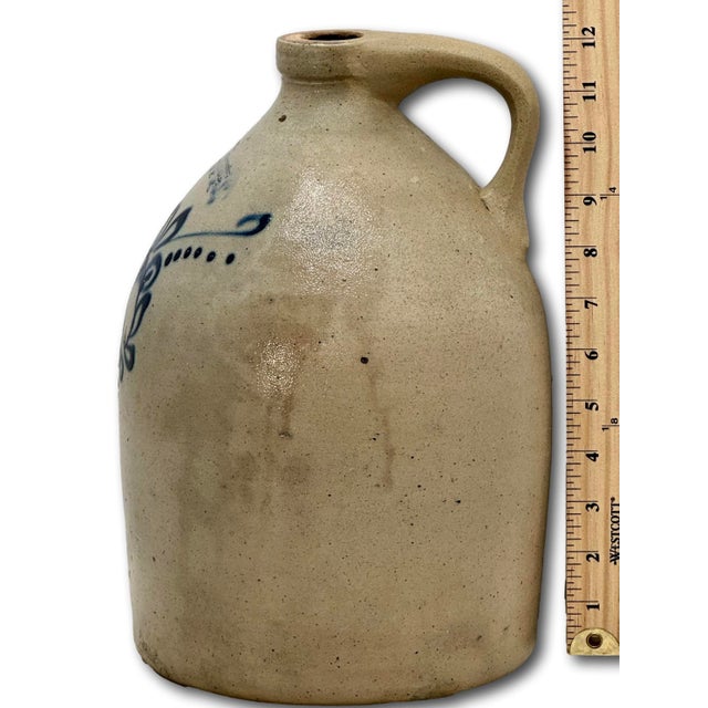 Unusual Antique American Blue Flower Decorated 2 Gallon Jug With Otsego New York Stoneware Merchants Name & Info Circa 1870s For Sale - Image 18 of 18