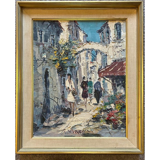 Vintage 1950’s French Impressionist Oil Painting on canvas of a street scene with people. Features thick paint in the...