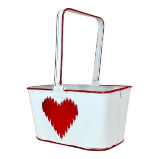 1970s Vintage Art Deco Boho Chic Tole & Ribbon Valentine Heart Basket. For Sale