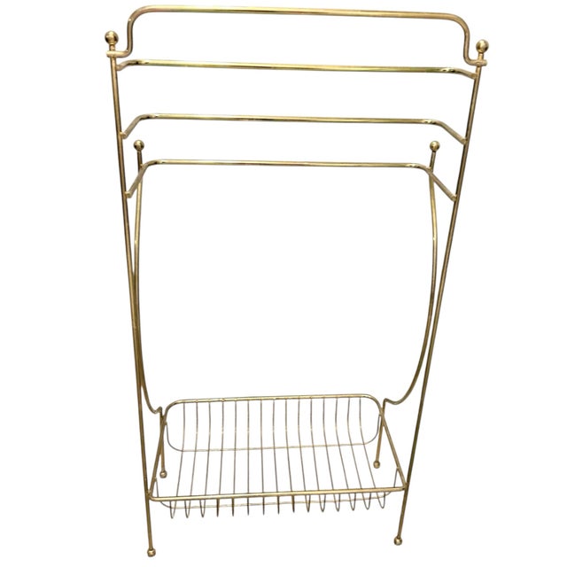 Hollywood Regency Vintage Hollywood Regency MCM Heavy Brass Freestanding Floor Towel Rack Shelf For Sale - Image 3 of 9