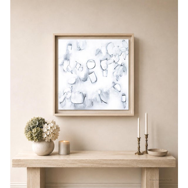 Float No. 26 is a textured abstract black and white painting on canvas with a balanced square composition and a layered,...