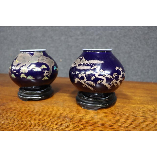 Pair of Japanese Cobalt Blue Porcelain Vases With Copper Overlay For Sale - Image 10 of 12