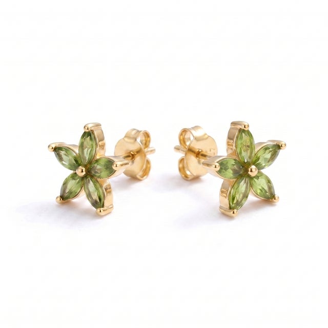 18k Gold Plated Peridot Flower Stud Earrings • Marquise Cut Natural Gemstone Floral Cluster - A Pair For Sale - Image 4 of 5