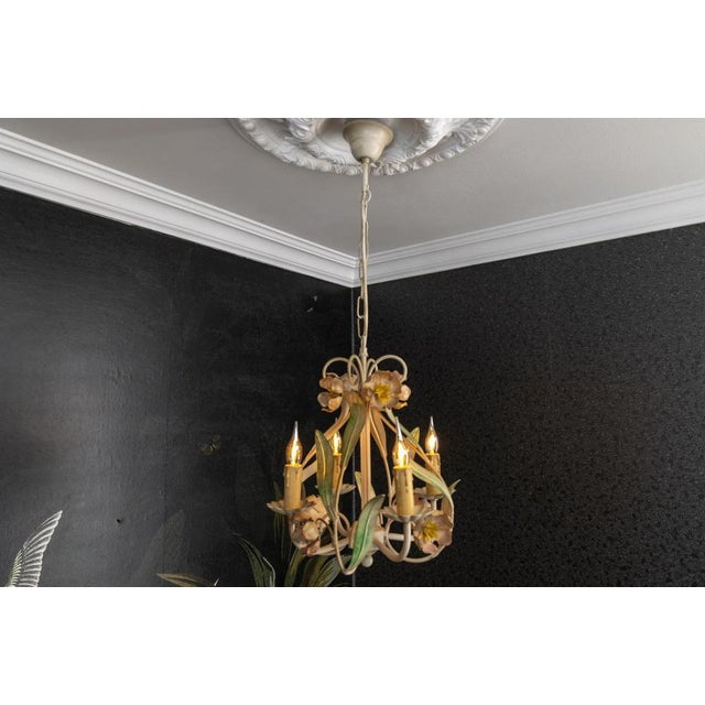 Hollywood Regency Style Floral Painted Metal Four-Light Chandelier, France For Sale - Image 13 of 18