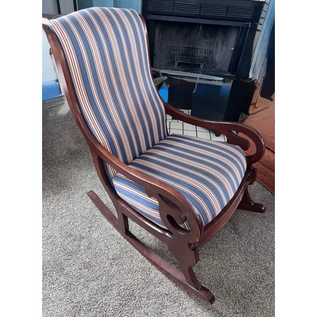 American Vintage Mahogany Rocking Chair - Red White & Blue Stripe Upholstery For Sale - Image 3 of 4