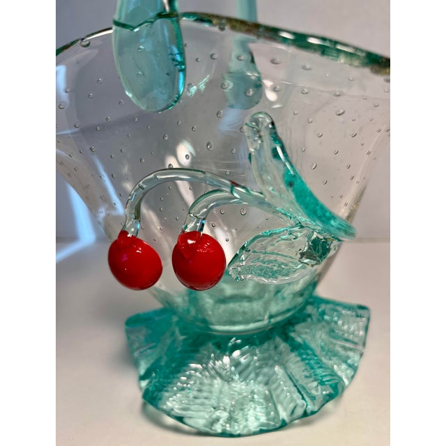 Mid-Century Modern Vintage Loetz Control Bubbles Uranium Glass Basket With Applied Cherries For Sale - Image 3 of 9