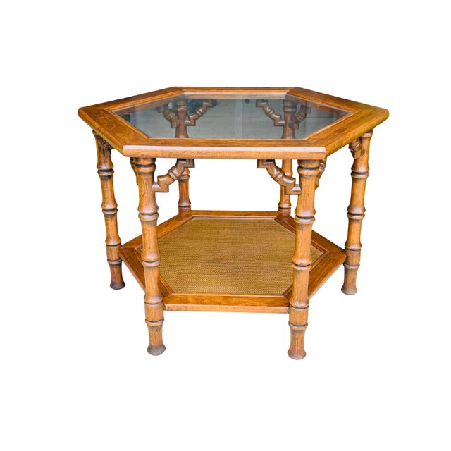Vintage 1970s Faux Bamboo Hexagonal Side Table – Hollywood Regency Chinoiserie Glass Top & Cane Shelf Bring a touch of...
