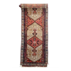 1920's Camel Hair Terracotta, Blue, Camel, Beige & Lime Green Runner Rug 3.4 X 16.3