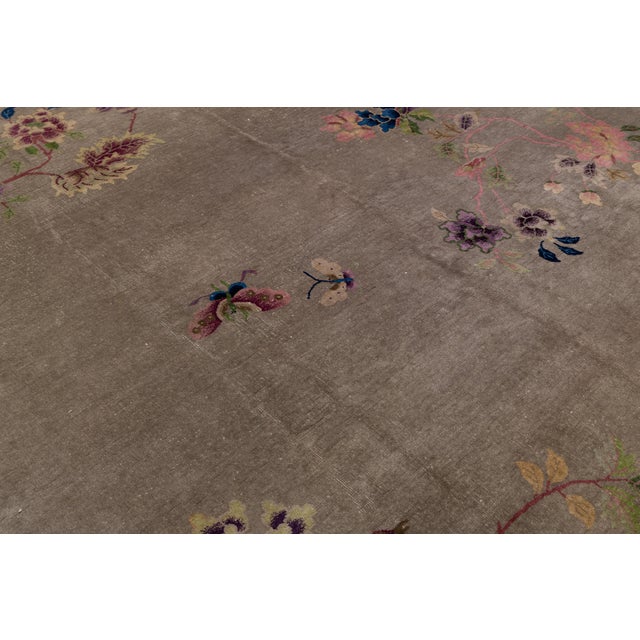1920s Antique Chinese Art Deco Rug Floral & Bird Motif in Taupe & Amethyst For Sale - Image 10 of 11