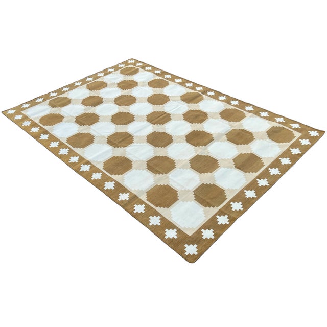 Mid-Century Modern Handmade Cotton Flat Weave Area Rug, Tile Patterned Tan, Beige and Cream Dhurrie - 10'x14' For Sale - Image 3 of 11