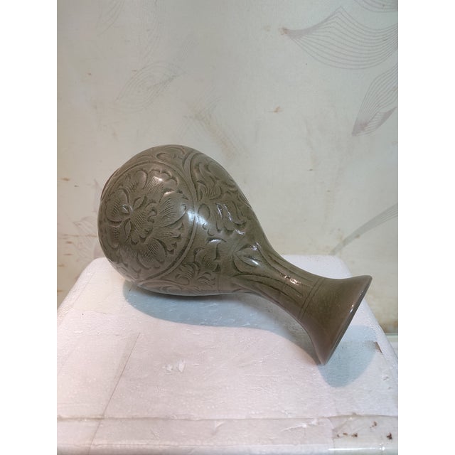 Chinese Ceramic Vase Yaozhou Ware Celadon Yuhuchun Vase Hand Carved Flowers Pattern For Sale - Image 10 of 10