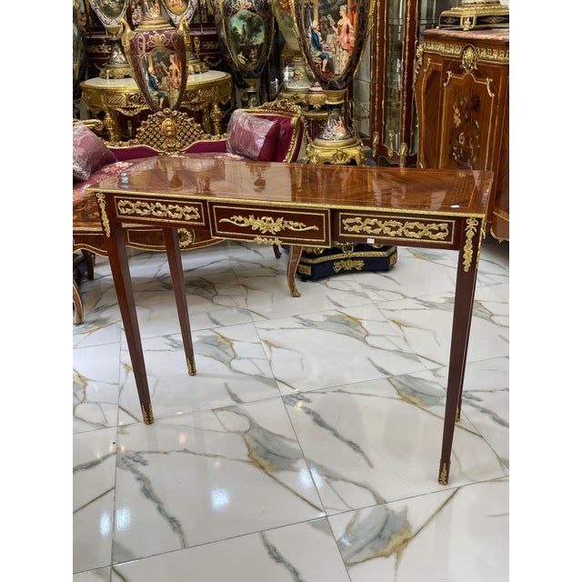 French Style Console Table / Desk – Handcrafted Brown Finish With Gold Leaf For Sale - Image 4 of 9