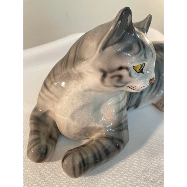 Mid 20th Century Large Mid 20th Century Ronzan Ceramic Gray Tabby Cat For Sale - Image 5 of 13
