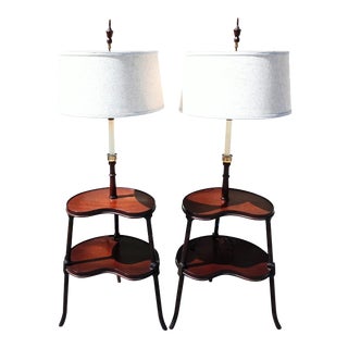 Mid-Century Modern Mahagony Wood Kidney Shaped 2 Tiered Floor Table Lamps- a Pair For Sale