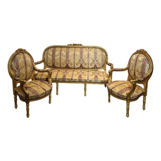 Antique French Louis XVI Style Salon Set with Marble Coffee Table, Set of 4 For Sale