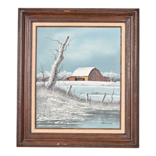 Original Artist Signed "Barn in Snowfall" Oil Painting on Canvas in Carved Wood Frame For Sale