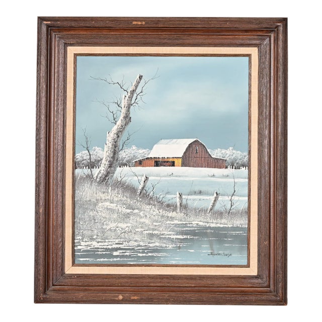 Original Artist Signed "Barn in Snowfall" Oil Painting on Canvas in Carved Wood Frame For Sale