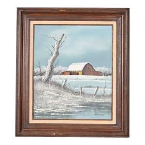 Original Artist Signed "Barn in Snowfall" Oil Painting on Canvas in Carved Wood Frame