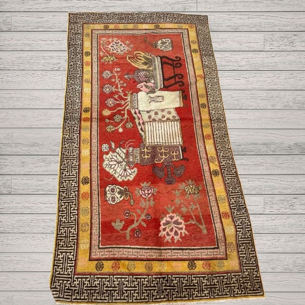 Chinese Antique Khotan Rug 4’0” X 8’6” | Vase Design, Chinese Motif Border For Sale - Image 3 of 6