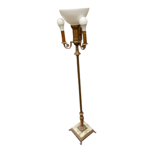 Antique 4 - Bulb Brass Floor Lamp, Marble Base, Center Light + 3 Side Candle Stick Lights