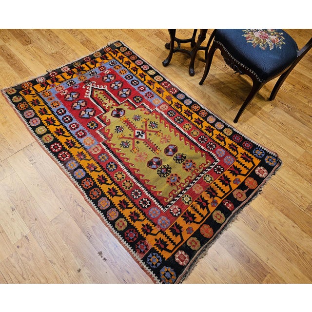 Vintage Turkish Kilim Rug, Flat-Woven Prayer Pattern, Yellow & Green, 4x6 For Sale In Chicago - Image 6 of 16