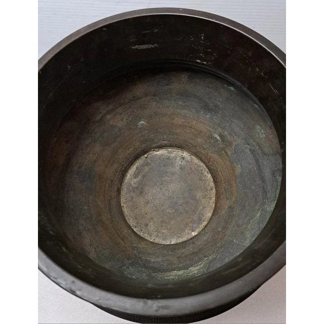 Metal Early 20th Century Asian Bronze Pot Planter W/Embossed Floral & Geometric For Sale - Image 7 of 10