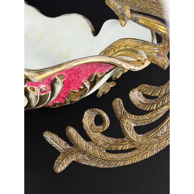 Gold Large Hollywood Regency Peacock Centerpiece Bowl in Gilt Metal and Porcelain, 1930s For Sale - Image 8 of 17