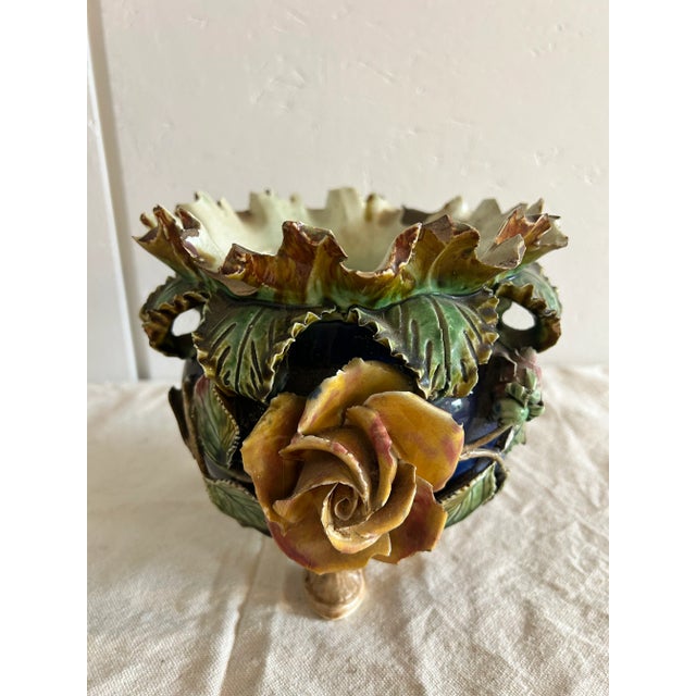 Antique English Barbotine Majolica Applied Rose Vase For Sale - Image 4 of 11