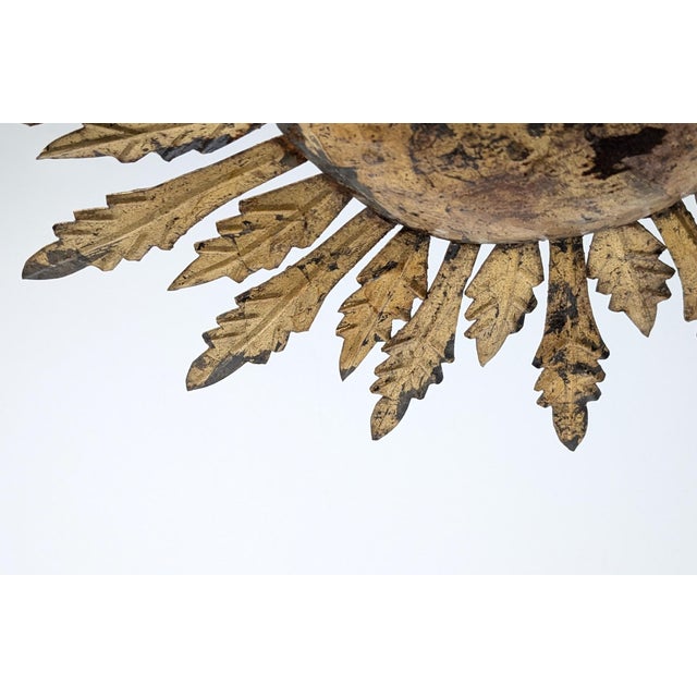 Metal Mid-Century Gilt Metal Sunburst Flush Mount with Leaf Rays, 1950s For Sale - Image 7 of 10
