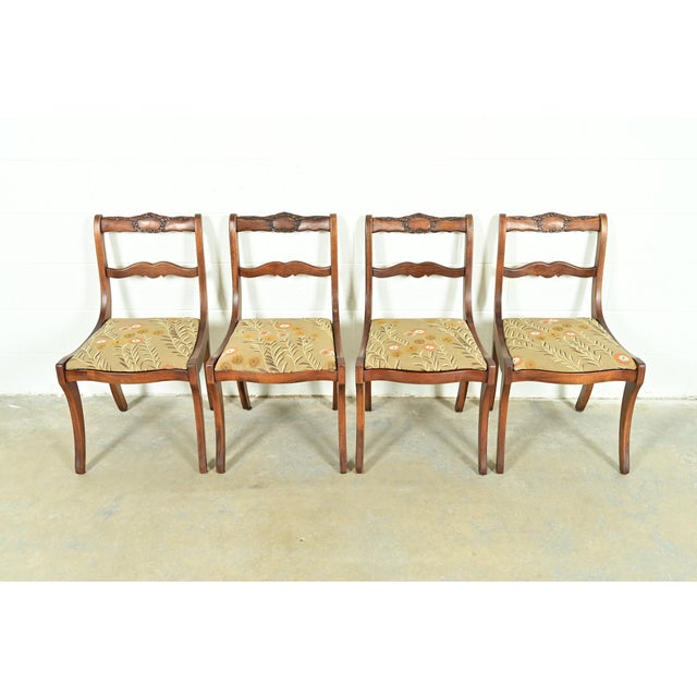 English Kindel Furniture Style Regency Carved Solid Mahogany Dining Chairs, Set of Four For Sale - Image 3 of 13