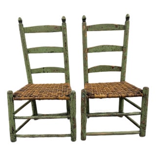 Gorgeous Pair of Distressed Early American Shaker-Style Ladder Back Chairs With Original Green Paint For Sale
