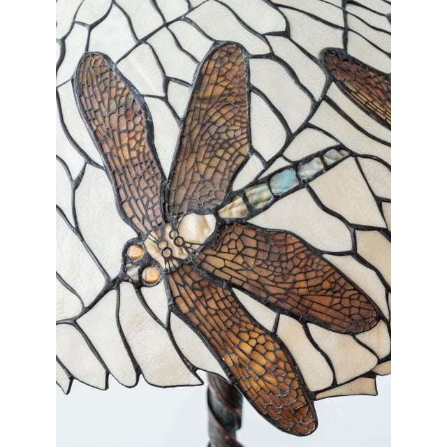 Vintage Art Nouveau Dragonfly Leaded Glass Table Lamp with Bronze Base in the style of Tiffany For Sale - Image 11 of 18