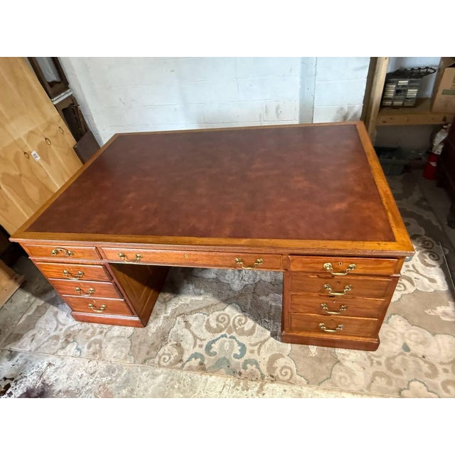 19th Century Large Size Antique English Geogra Style Oak Leather Top Double Pedestal Partner Executive Desk For Sale In Washington DC - Image 6 of 18