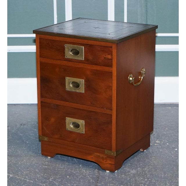 Military Campaign Yew Wood Bedside Table with Green Leather Top For Sale - Image 4 of 14