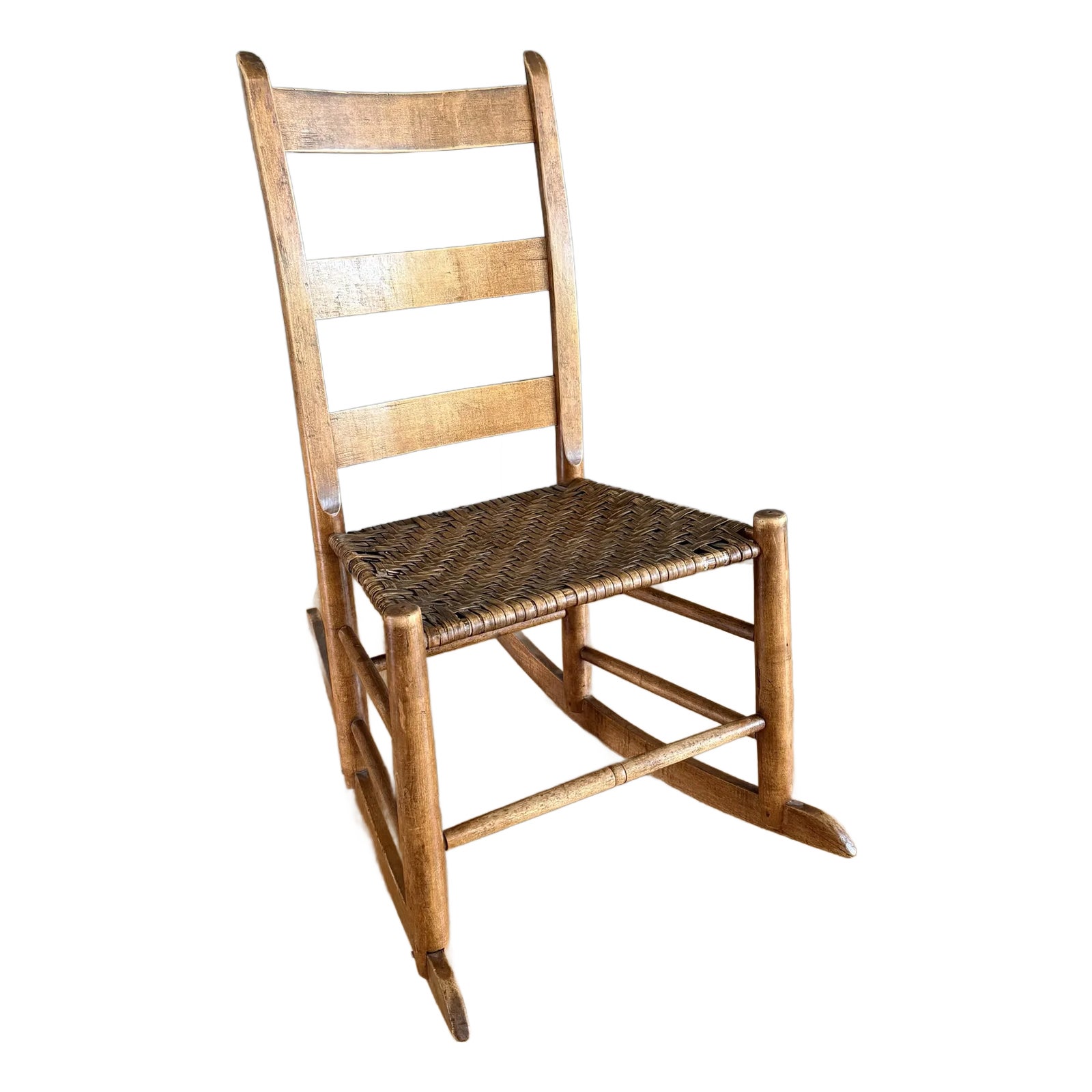 Small Antique Wood Ladder Back Rocking Chair With Woven Seat | Chairish