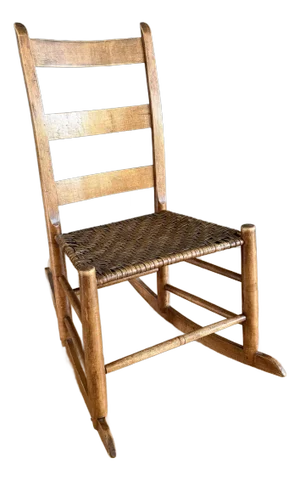 Small Antique Wood Ladder Back Rocking Chair With Woven Seat